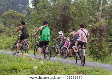 CAT BA, VIET NAM, May 27, 2016 Traveler groups cycling, walking nature reserve , forest Cat Ba , Hai Phong , Vietnam