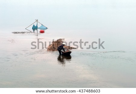 Vinh Phuc, Vietnam, June 12, 2016 fishermen, fishing, swimming Dai Lai, Vinh Phuc Province, Vietnam
