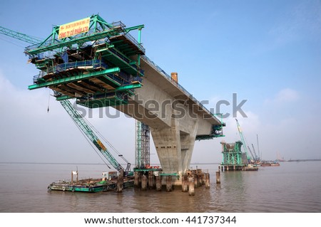 HAI PHONG, VIETNAM, June 10, 2016 cable-stayed bridge, which connects the city of Haiphong to Cat Ba island, Vietnam, being the Japanese architect, construction