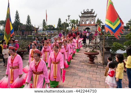HAI DUONG, Vietnam, March 25, 2016 people, participating in the festival, at the Confucius Temple Mao Dien, Hai Duong
