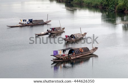 QUANG TRI, VIETNAM, November 20, 2015 boats moored on the river Thach Han, Quang Tri Province, Vietnam