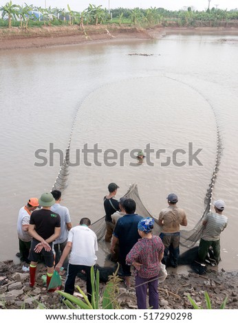 QUANG NGAI, Vietnam, November 17, 2016 farmers, rural Quang Ngai, Vietnam, fishing. Where lakes