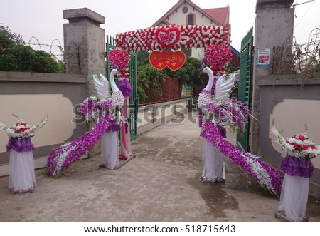 HAI DUONG, Vietnam, November 20, 2016 people, rural Hai Duong, Vietnam, decorated the gate, colorful. In the wedding day, their traditional beauty