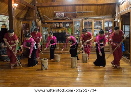 HOA BINH, Vietnam, November 28, 2016 Thai ethnic group, highland Mai Chau, Hoa Binh, folk dance in the village festival