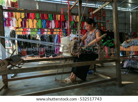 HOA BINH, Vietnam, November 28, 2016 Thai ethnic minority women, highland Mai Chau, Hoa Binh, brocade
