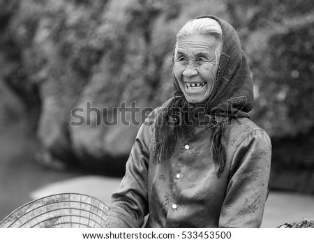 QUANG BINH, Vietnam, July 21, 2016 portrait woman, fishermen Quang Binh Vietnam, friendly smile