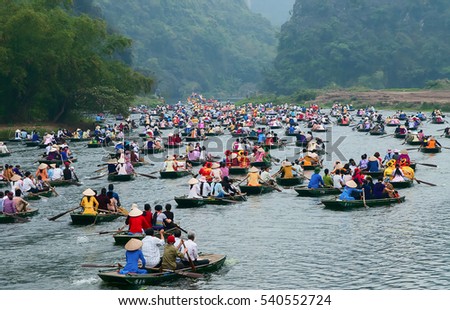 Ninh Binh, Vietnam, June 23, 2015 Ecotourism Zone, Trang An Ninh Binh. recognized world natural heritage. many tourists sailing tour