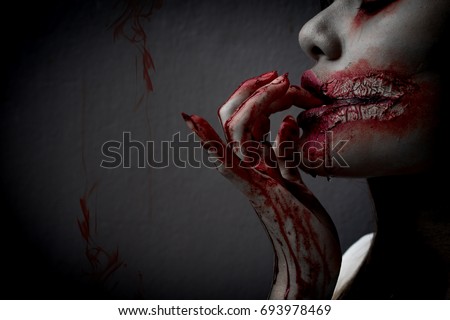 Zombie woman death the ghost horror drain hand blood skin is screaming darkness and nightmare background of scary fear on hell is monster devil girl in halloween festival concept,copy space the left. Zombie woman death the ghost horror drain hand blood skin is screaming darkness and nightmare background of scary fear on hell is monster devil girl in halloween festival concept,copy space the left.