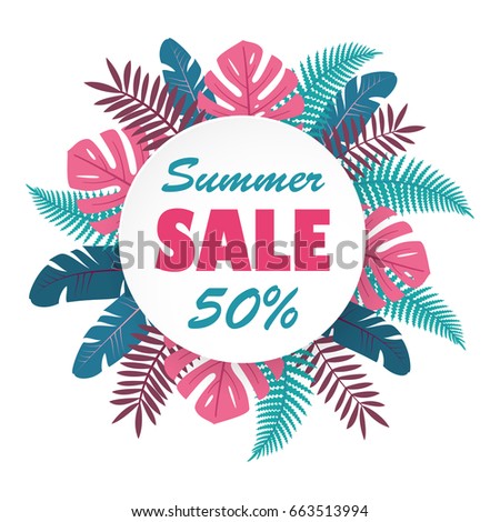 Sale banner or poster with palm leaves. Trendy Summer Tropical Leaves. Vector tropical background with exotic palm leaves and plants.