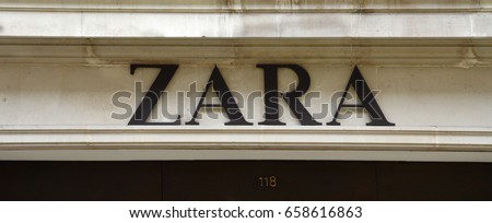 LONDON - AUGUST 6: A London Zara store logo is shown here on August 6, 2015. Zara has more than 1,200 stores worldwide.