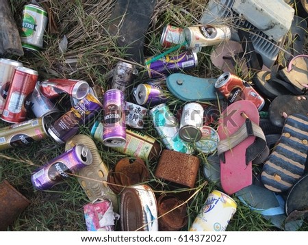 Kota Kinabalu, Sabah, Malaysia - March 20, 2017 : Garbage on the beach spoiling the environmental pollution