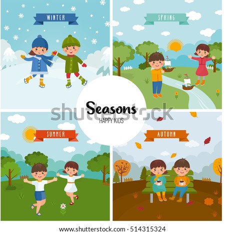 Large set of seasons. Beautiful scenery in the winter, summer, spring and autumn theme. Happy children are skating, launch a boat, sit in the autumn park and enjoy the summer. Cartoon landscape.