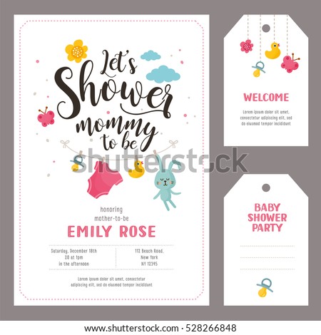 Baby shower set. Invitation template with hand lettering, cute rabbit and clouds. Labels with letters and kids illustration.