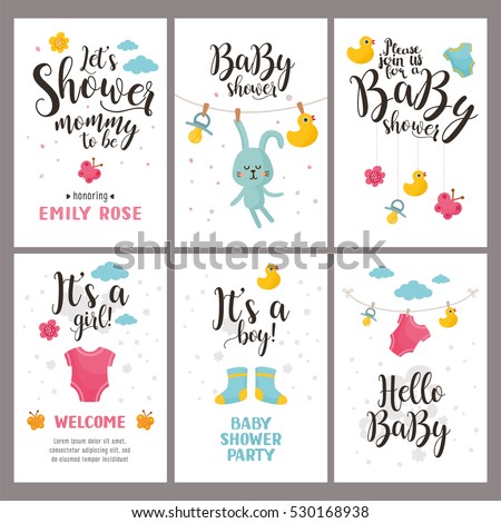 Baby shower posters set. Vector invitation with cute kids illustration. Baby arrival and shower collection with lettering.