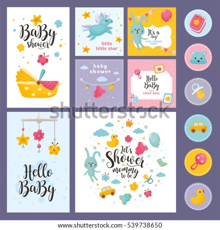 Amazing Baby Shower or Arrival set. Tags, banners, labels, cards with cute kids illustration.