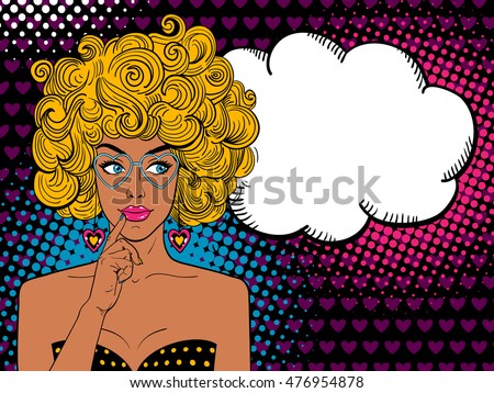 Pop art female face. Sexy surprised sun-tanned woman with finger near her mouth/ smile, blonde curly hair and speech bubble. Vector bright background in pop art retro comic style.