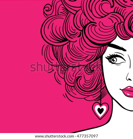 Sexy woman with pink curly hair and pink lips looking to the side. Vector hand drawn background in pop art retro comic style.