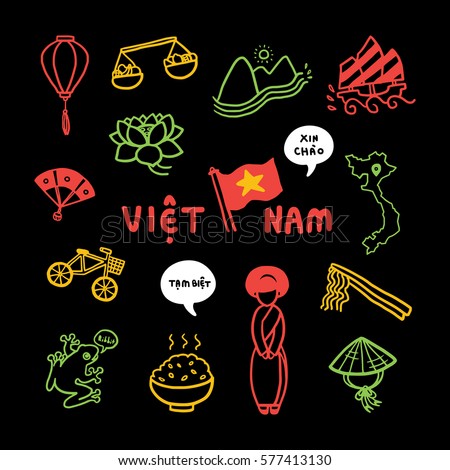 Vietnam travel icon vector. Flag, lantern, street vendor, fan, bicycle, frog, rice, traditional dress, conical hat, chopstick, pho noodle, boat, map, lotus, speech bubble saying Xin Chao and Tam Biet.