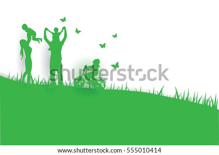 Green background happy family having fun playing in the field