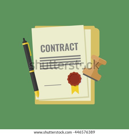 Contract signed and sealed, pen, stamp, documents for signature, document folder icon