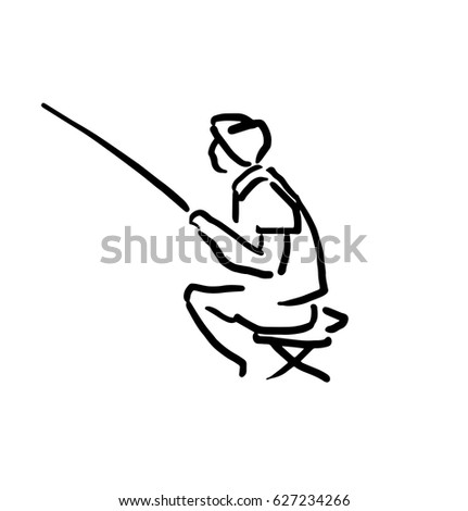 Black White Sketch Fisherman Fishing Rod Stock Illustration 627234266