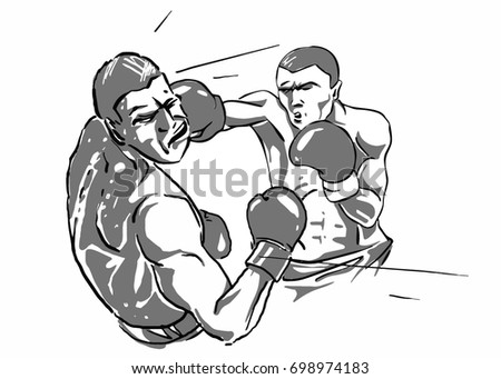boxing two boxers fighting blow to the head black and white vector sketch