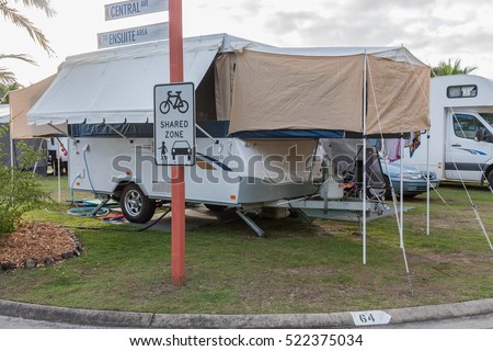 Pop Up Camper Trailer In Camp At Holiday Caravan Park Pop Up Camper Trailer In Camp At Holiday Caravan Park