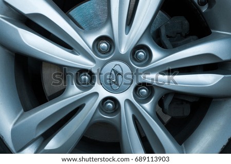 ODESSA, UKRAINE - MAY 7, 2017: Hyundai logo and badge on the car wheel