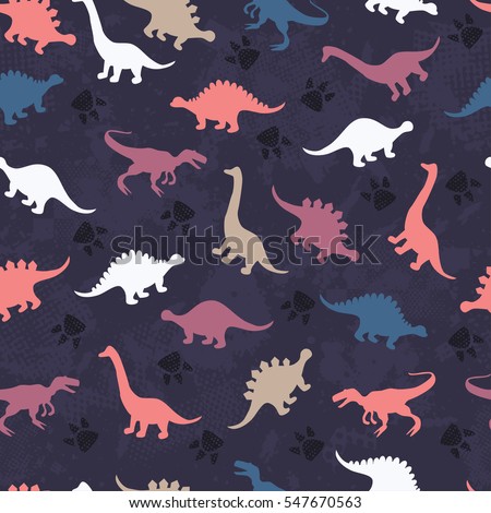 Cute kids pattern for girls and boys. Colorful dinosaurs on the abstract grunge background create a fun cartoon drawing. The background is made in neon colors. Urban backdrop for textile and fabric.