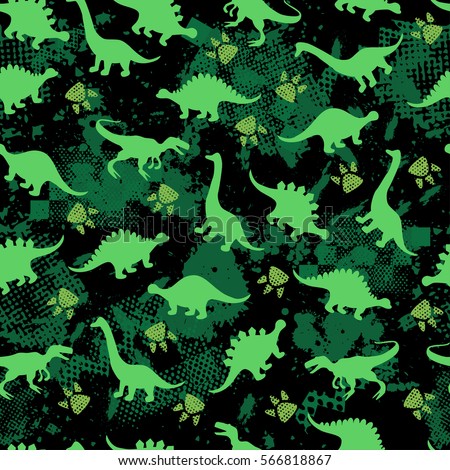 Cute kids pattern for girls and boys. Colorful dinosaurs on the abstract grunge background create a fun cartoon drawing. The background is made in neon colors. Urban backdrop for textile and fabric.