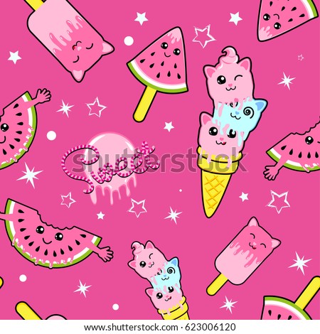 Cute kids pattern for girls and boys. Colorful ice cream on the abstract grunge background create a fun cartoon drawing. The background is made in pink colors. Urban backdrop for textile and fabric.