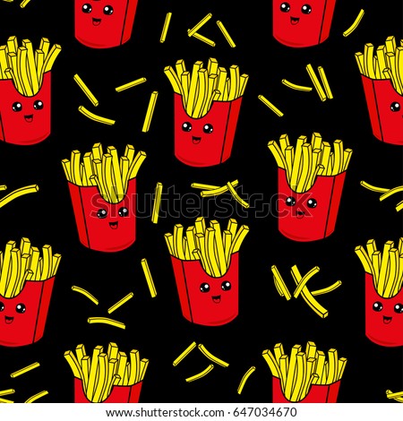 Cute kids pattern for girls and boys. Colorful french fries on the abstract grunge background create a fun cartoon drawing.The background is made in black colors.Urban backdrop for textile and fabric.