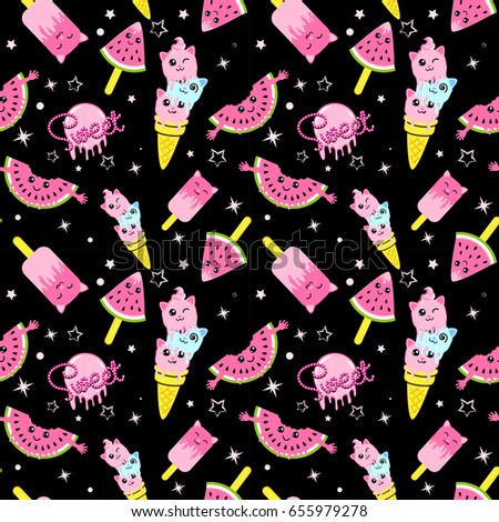 Cute kids pattern for girls and boys. Colorful ice cream on the abstract grunge background create a fun cartoon drawing. The background is made in neon colors. Urban backdrop for textile and fabric.