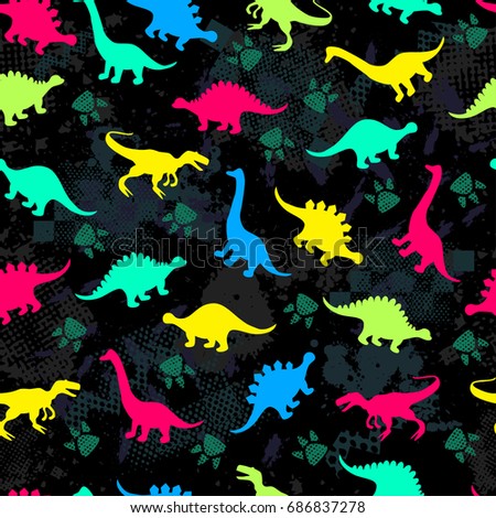Cute kids pattern for girls and boys. Colorful dinosaurs on the abstract grunge background create a fun cartoon drawing. The background is made in neon colors. Urban backdrop for textile and fabric.