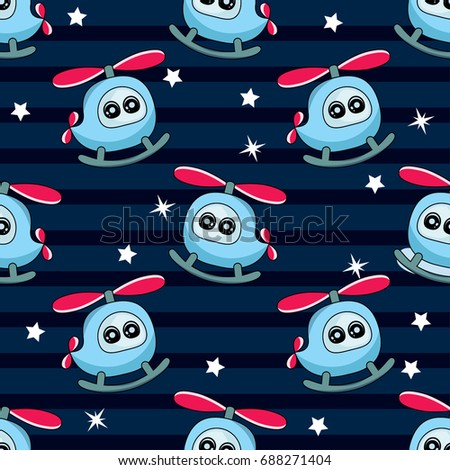 Cute kids pattern for girls and boys. Colorful helicopter on the abstract bright background create a fun cartoon drawing.The background is made in colors.Urban backdrop for textile and fabric