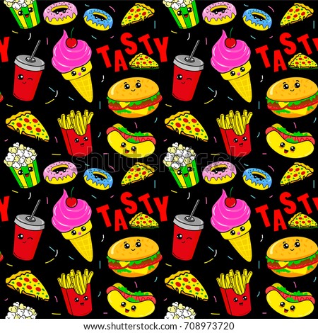 Cute kids pattern for girls and boys. Colorful fast food on the abstract grunge background create a fun cartoon drawing. The background is made in black colors. Urban backdrop for textile and fabric.