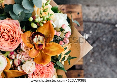 Colorful Bouquet Of Different Fresh Flowers Bunch Orchids Roses Freesia And Eucalyptus Colorful Bouquet Of Different Fresh Flowers Bunch Orchids Roses Freesia And Eucalyptus
