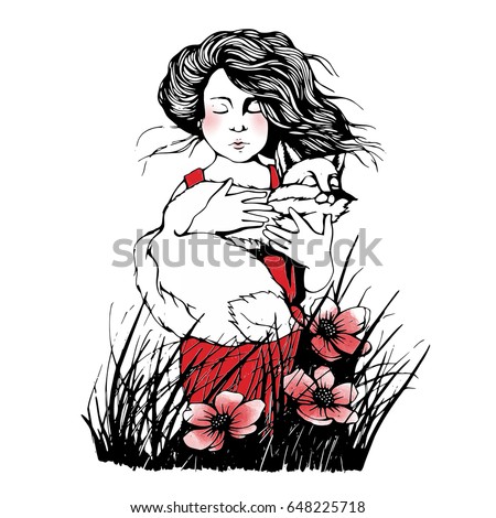 Hand drawn and painted watercolor outline vector illustration of cute little boy with fox in his hands. Grass and red flowers. The little prince theme.