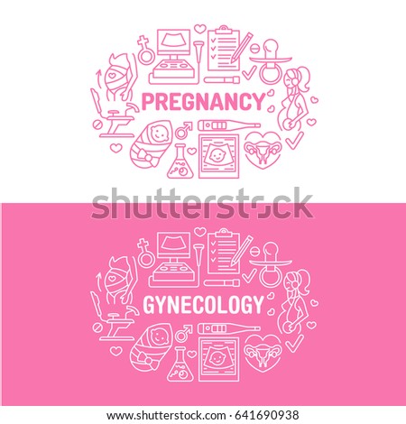 Medical, gynecology banner illustration. Obstetrics pregnancy vector line icons research, in vitro fertilization, ultrasound. Healthcare brochure, poster design.