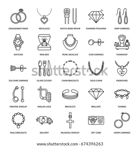 Jewelry flat line icons, jewellery store signs. Jewels accessories - gold engagement rings, gem earrings, silver chain, engraving necklaces, brilliants.