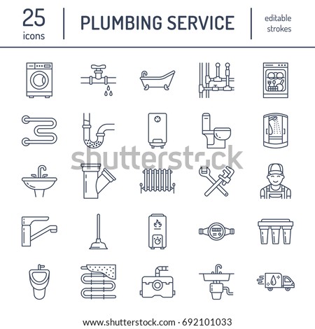 Plumbing service vector flat line icons. House bathroom equipment, faucet, toilet, pipeline, washing machine, dishwasher. Plumber repair illustration, thin linear signs for handyman services.