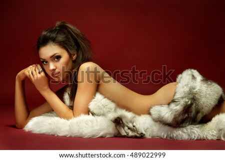 Beautiful Ladyy Lingerie Poses Fur Stock Photo 