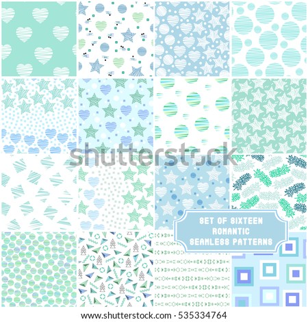Set of 16 sweet mint green seamless patterns. Collection of vector backgrounds with abstract elements. Ideal for baby shower, mother's day, valentine's day, invitations, wedding design.