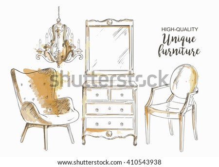 Set of hand drawn furniture and interior detail store, apartment, promotion, sale, ads