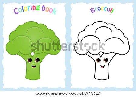 Coloring Book Page For Preschool Children With Colorful Broccoli And Sketch To Color