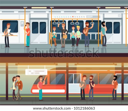 Subway inside with people man and waman. Metro platform and train interior. Urban metro vector concept. Illustration of metro platform, underground station with passenger people