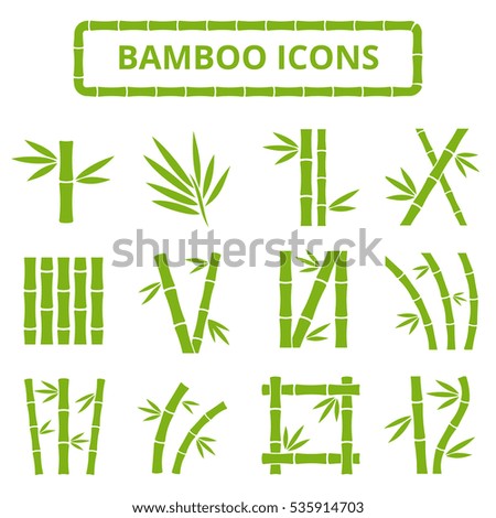 Bamboo stalks and leaves vector icons. Asian bambu zen plants isolated on white background. Stick bamboo with foliage, curve frame bamboo illustration.