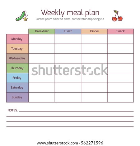 stock vector weekly meal plan mealtime vector diary meals schedule week food template vector illustration 562271596