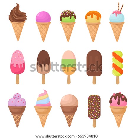 Cartoon ice cream vector set. Chocolate and vanilla ice cream dessert illustration