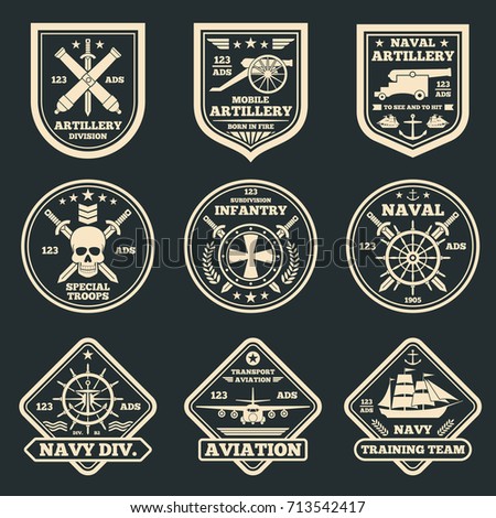 Vintage military and army vector emblems, badges and labels. Label and sticker aviation army and infantry illustration